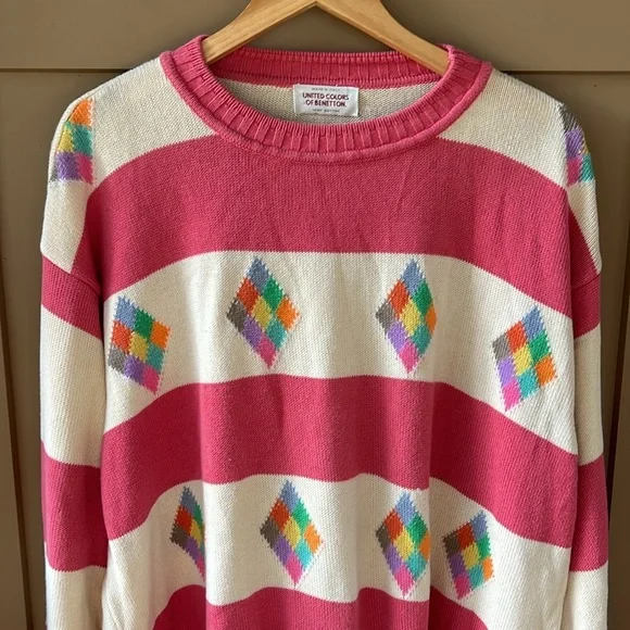 United Colors of Benetton Vintage XL 100% Cotton Striped Rainbow Preppy Sweater - Picture 2 of 9